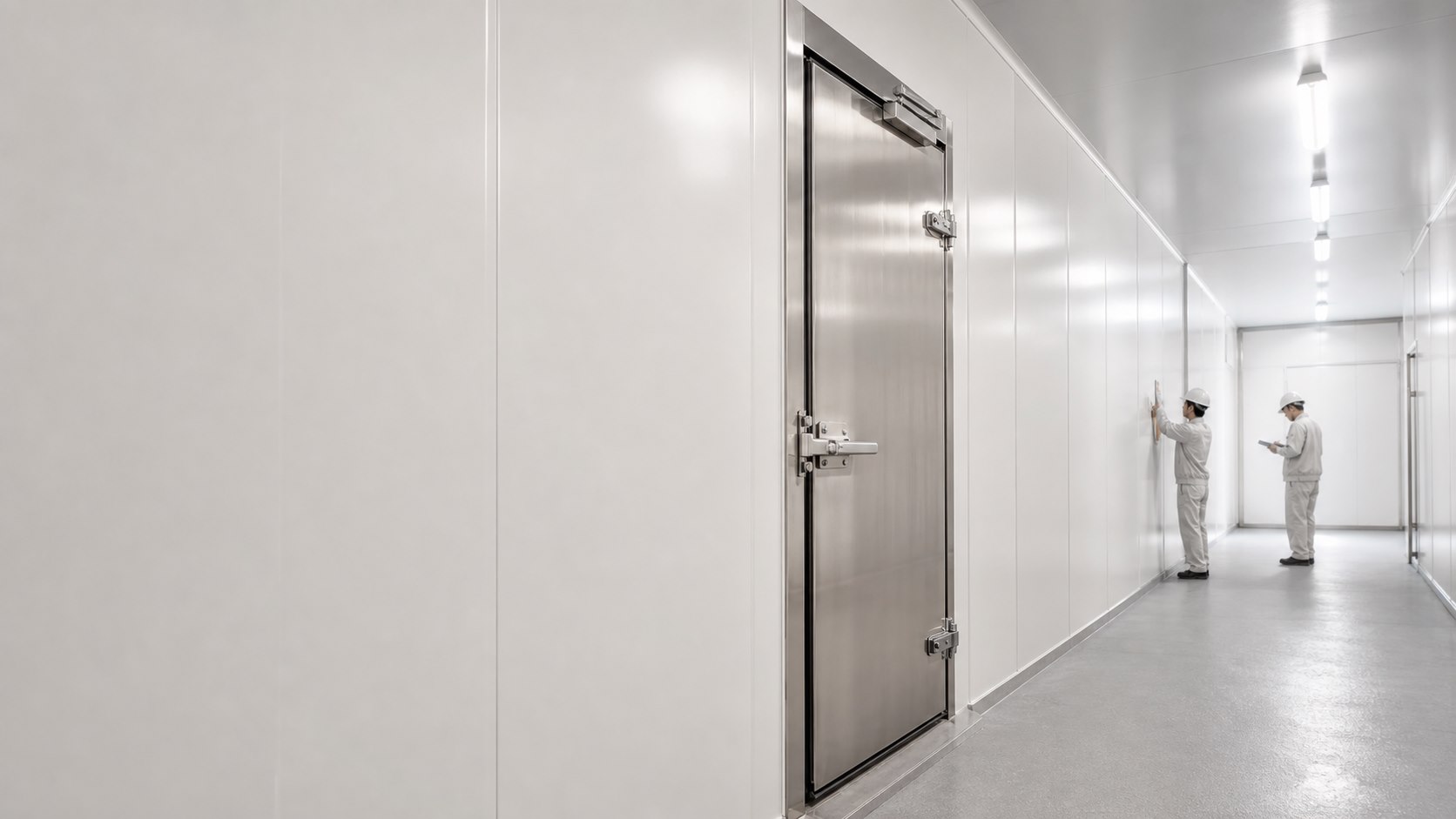 Minh họa hành lang kho lạnh hoàn thiện bằng panel EPS và cửa Inox