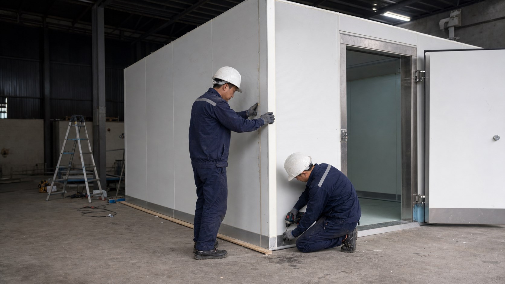 Đội ngũ kỹ thuật đang lắp đặt kho lạnh bằng panel cách nhiệt